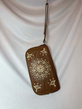 Lucky Brand Casbah Leather Embroidered Wristlet Wallet in Cognac